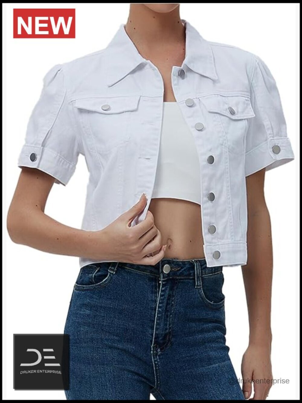 Cropped Short Sleeve Denim Jacket Summer Puff Jean Jacket Trucker Coat